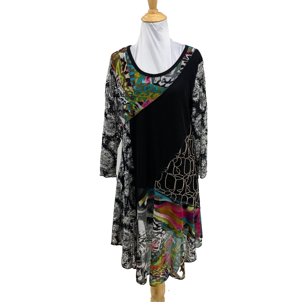 Paris Hues Dress Womens XL Multi Patchwork Pattern Tunic Asymmetric Sheer Hem